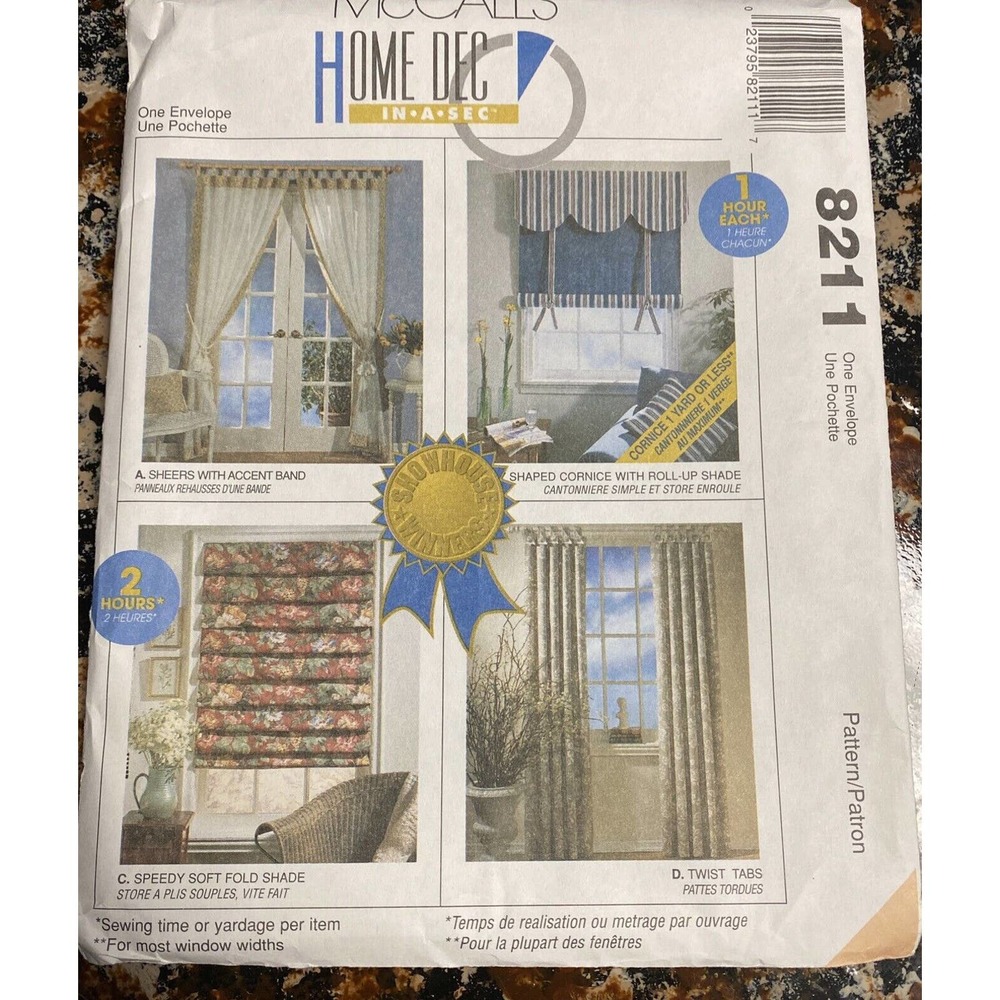 McCalls Home Decor 3088 8211 Sheer Curtain Roll Up Shades Tab Top Drapes Pattern